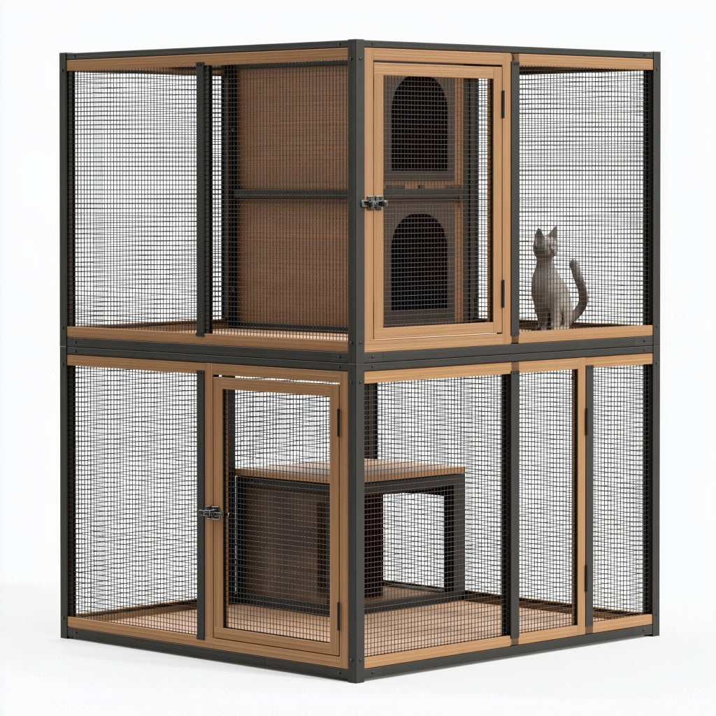 Katzengehege 140 x 70 x 180 cm Holz Stahlgitter Braun Schwarz - mehrstöckig für Innenbereiche