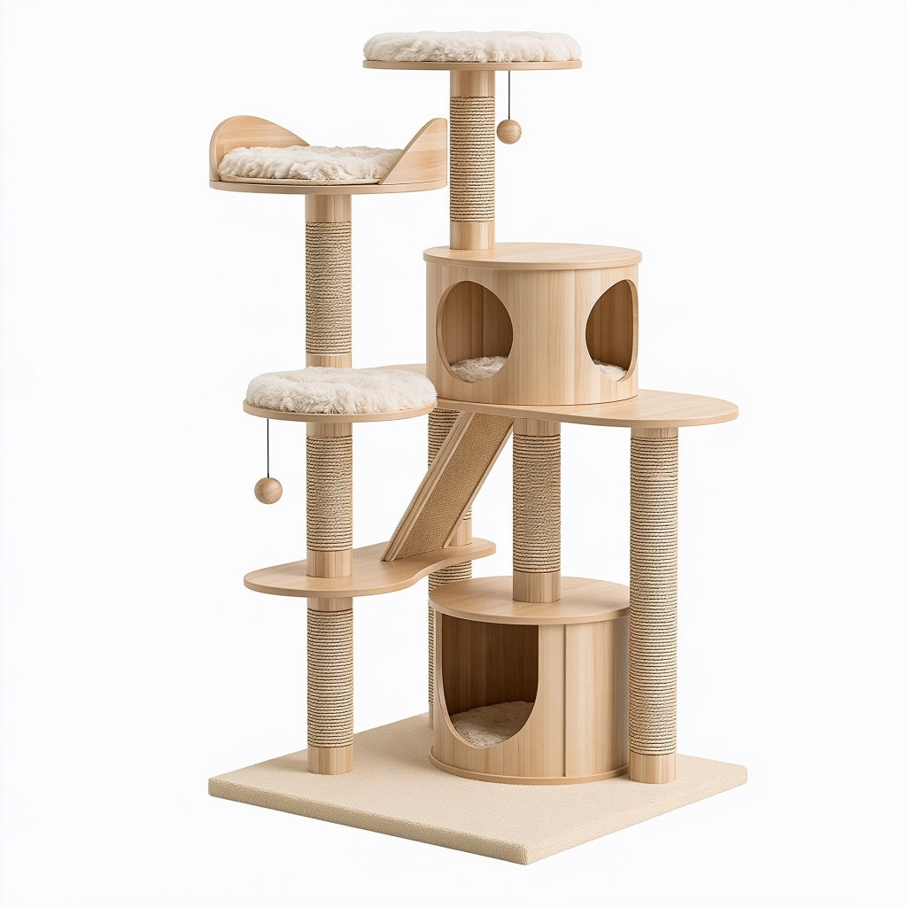 Katzenbaum 60 x 60 x 170 cm aus Holz in Naturholz Creme mit Sisal Kratzsäulen und Liegeflächen