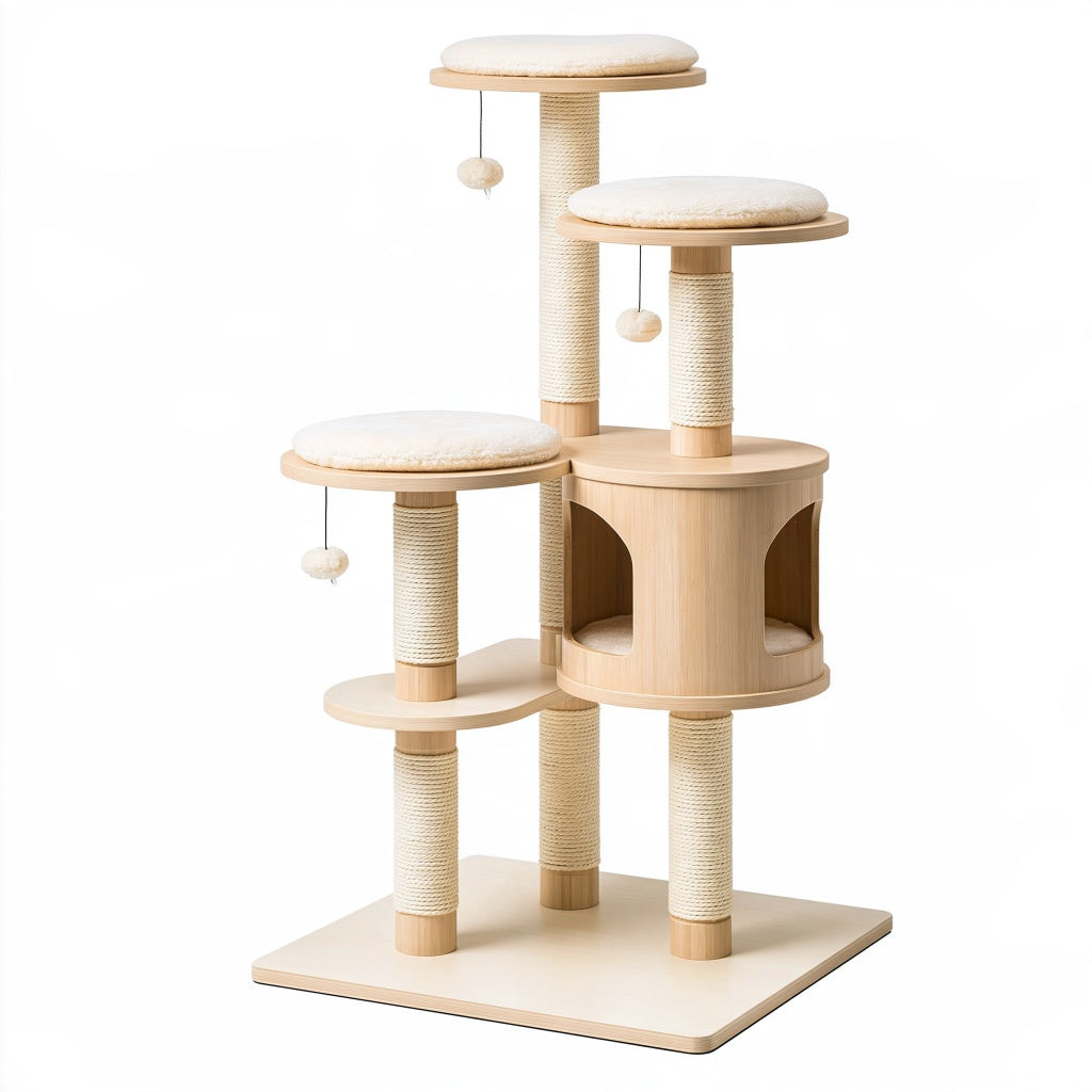 Kratzbaum 60 x 60 x 160 cm Holz Beige mit Sisalstämmen Liegeflächen und Katzenhöhle