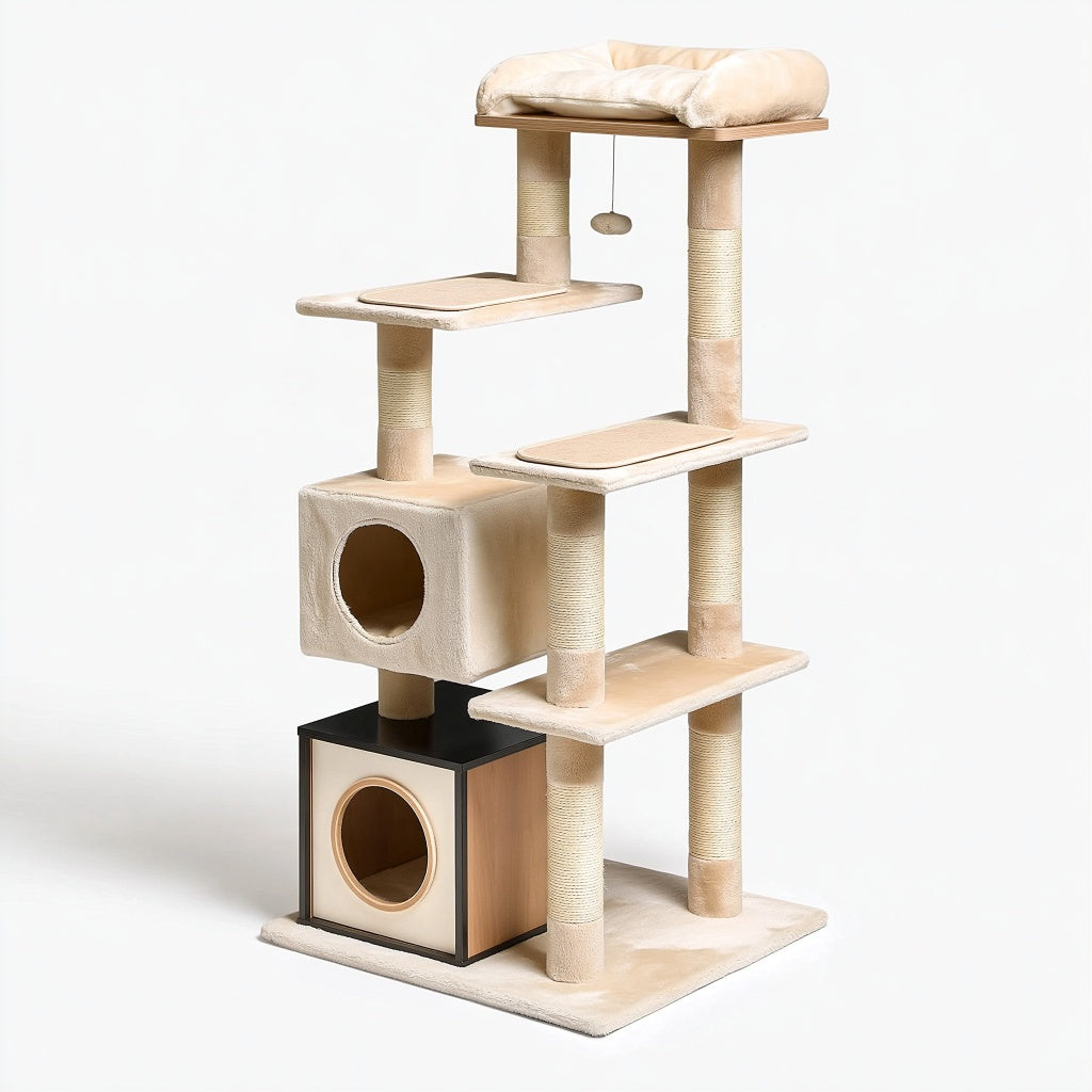 Katzenkratzbaum 60 x 50 x 170 cm Beige mit Sisal und Plüsch - Mehrstöckiger Spiel- und Ruheplatz