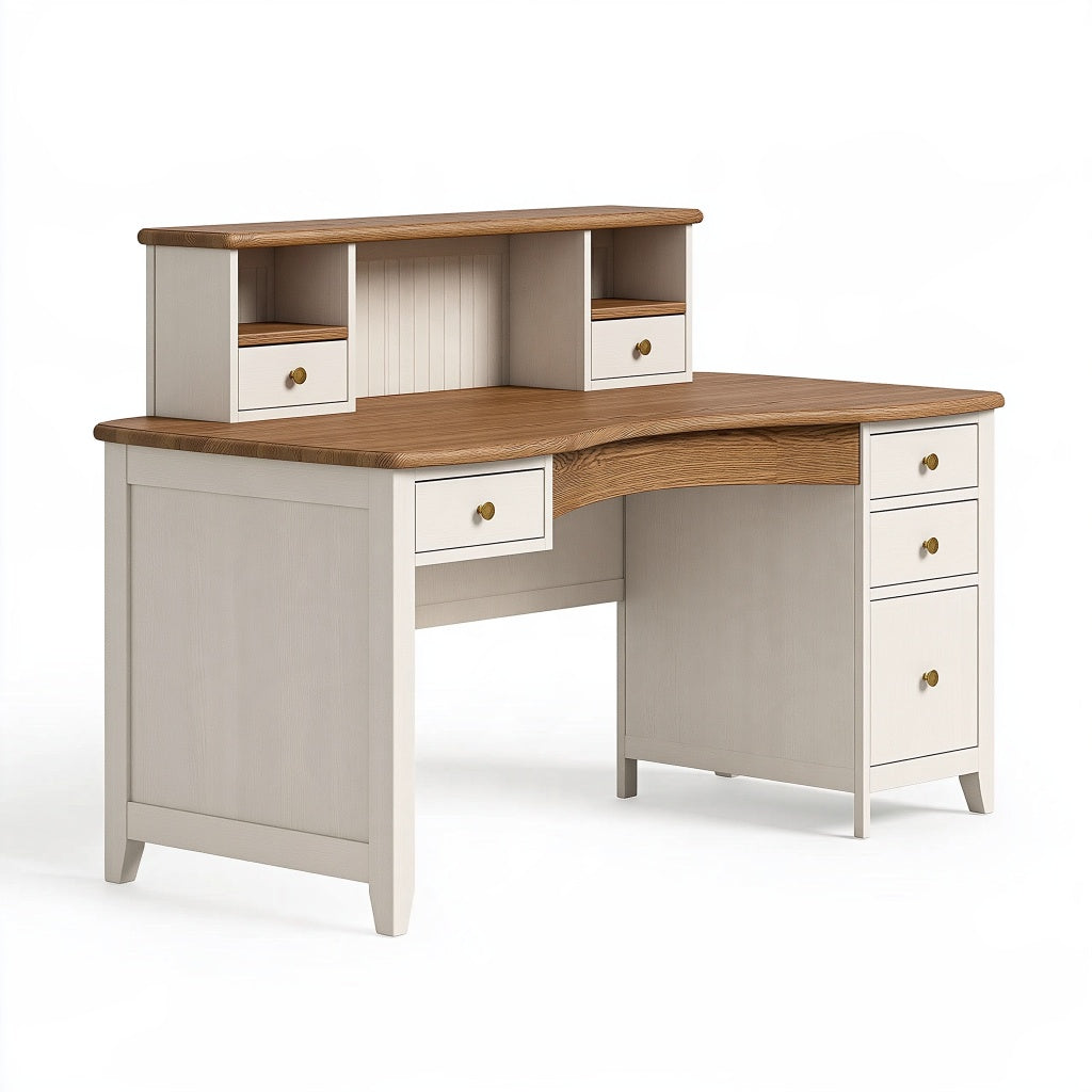 Schreibtisch 140 x 60 x 112 cm in Weiß/Braun mit Holzwerkstoff und Aufsatz mit Schubladen