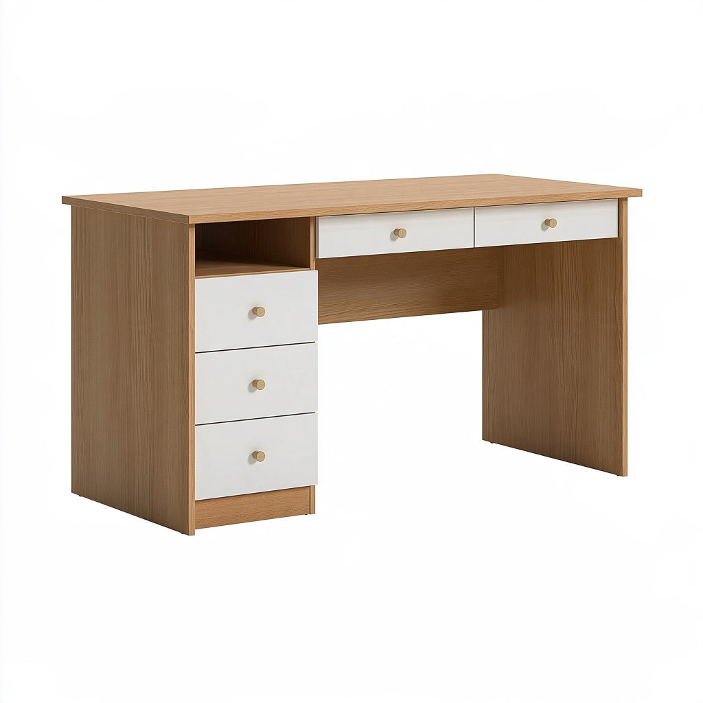 Schreibtisch 120 x 60 x 75 cm Holzwerkstoff Naturweiß mit 5 Schubladen im modernen Stil