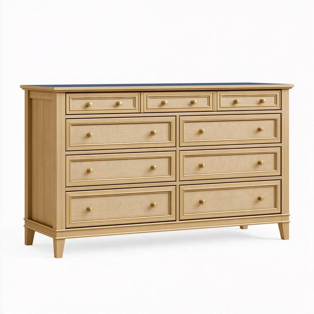 Kommode 160 x 45 x 95 cm aus Holz in Naturbeige mit 9 Schubladen im klassischen Stil