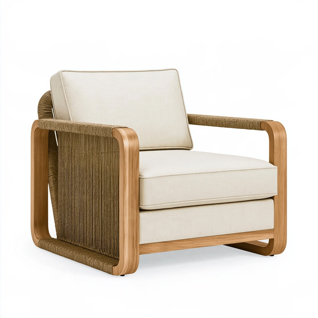 Armlehnstuhl 75 x 85 x 82 cm aus Holz und Kordelgeflecht in Beige Naturbraun - Loungesessel mit Textilpolsterung