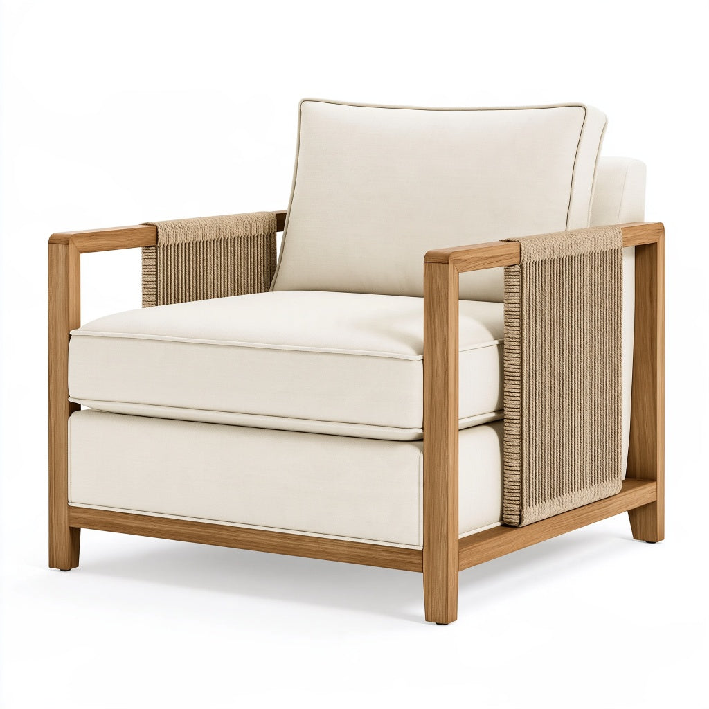 Sessel 85 x 82 x 83 cm Creme Holz Textil mit Seilgeflecht