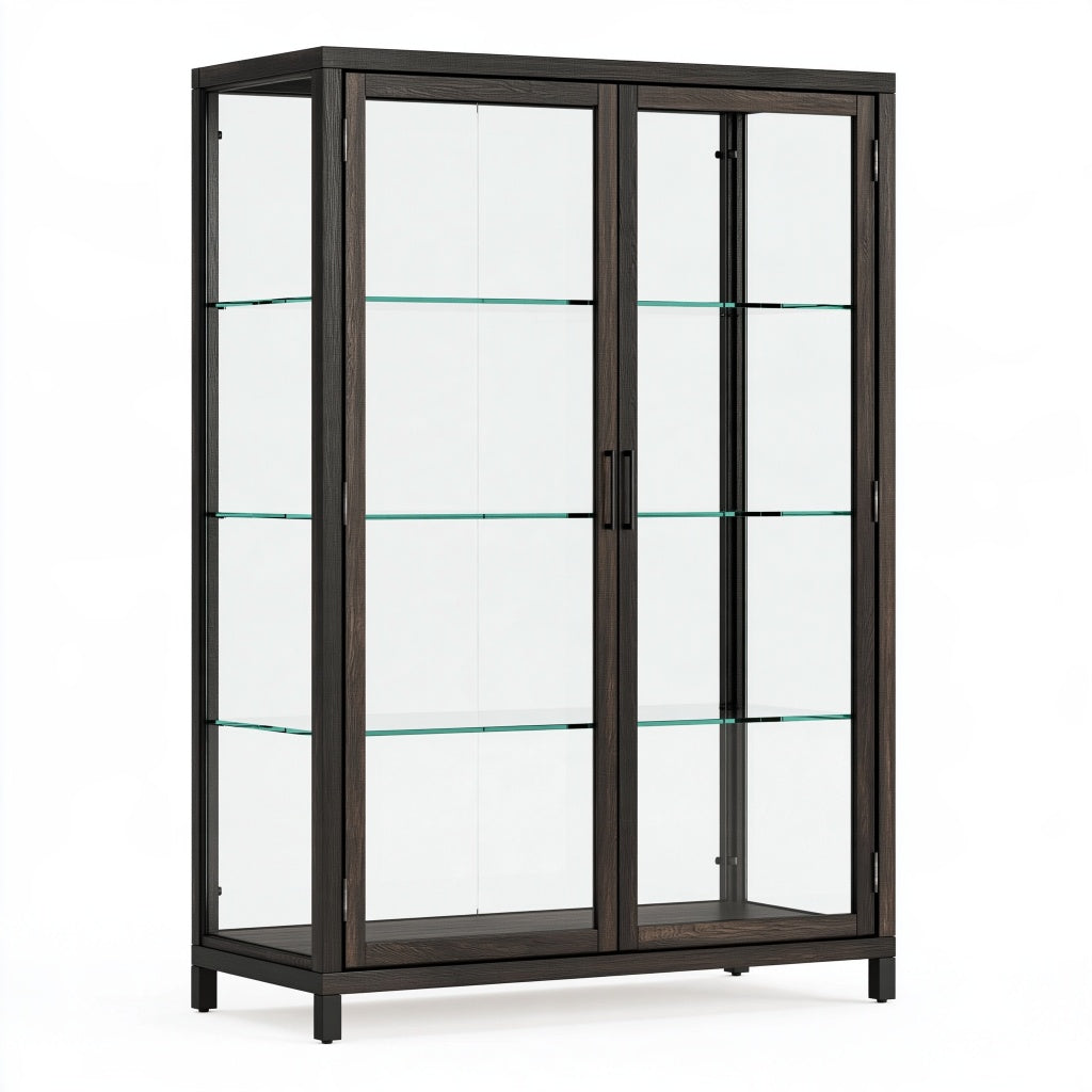 Vitrine 100 cm 40 cm 180 cm aus Holz und Glas dunkelbraun schwarz mit Glastüren