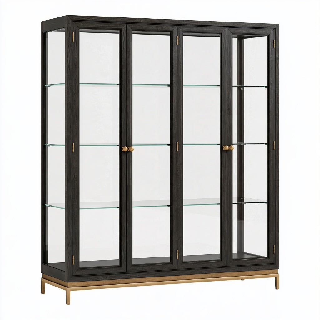 Vitrine 160 x 40 x 180 cm Schwarz Gold mit Glas Türen und Einlegeböden