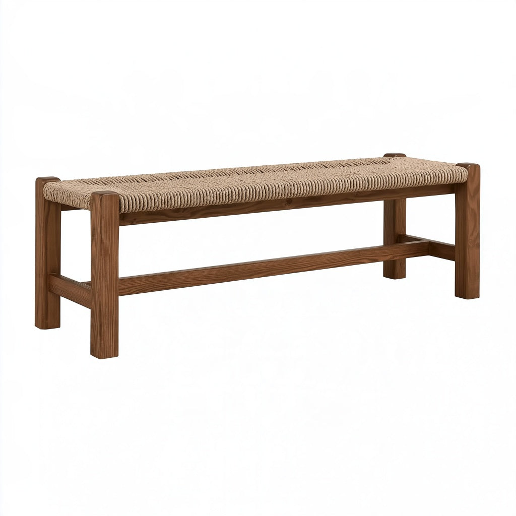 Sitzbank 120 cm Holz Braun Beige mit geflochtener Kordelsitzfläche im Landhausstil